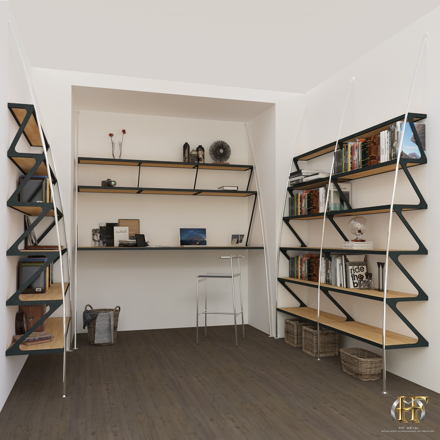 bibliotheque en acier design avec etagere en bois